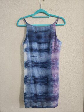WA-WA Strap Mini Dress Women’s Medium Blue Purple watercolor tie-dye vintage